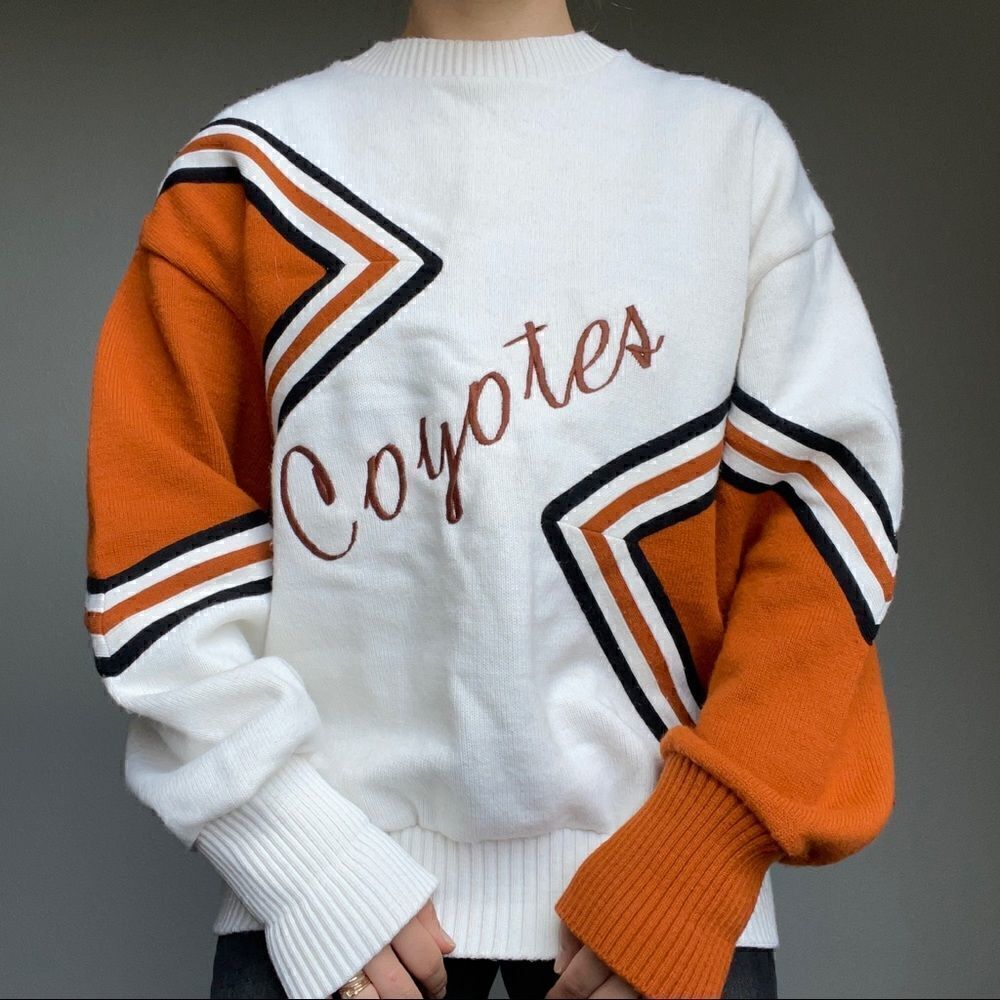 Vintage 80s Varsity Orange White Geometric Preppy School Oversized Sweatshirt L